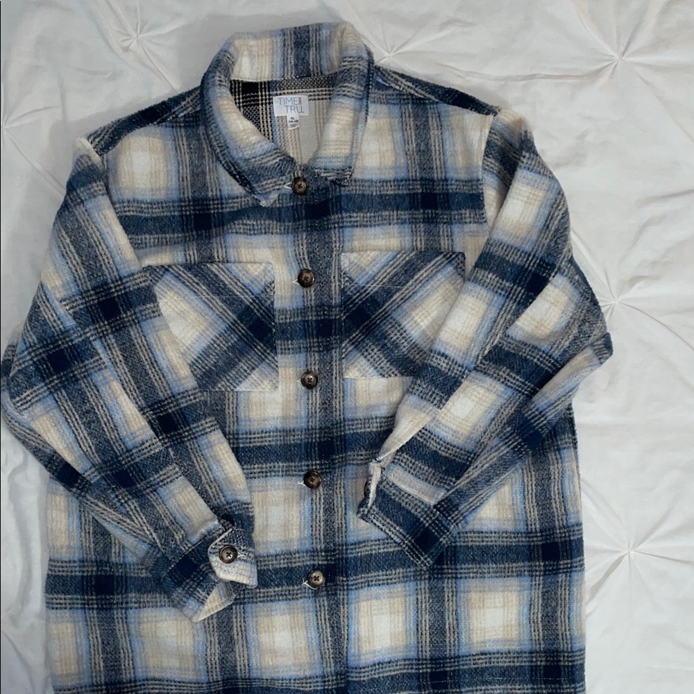 Time and Tru Cream and Blue Checkered Top